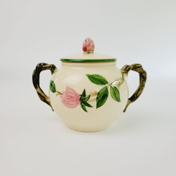 Franciscan Desert Rose GREEN TRIM Sugar Bowl & Creamer Pink Floral c.1949-53 - Picture 3 of 9